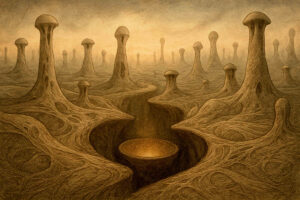 Eine fremdartige Landschaft mit pilzartigen Säulen, deren wulstige Formen aus einem verwobenen, wurzelähnlichen Gewebe hervorgehen. In der Mitte befindet sich ein schalenförmiger Abgrund, aus dem goldenes Licht emporsteigt.