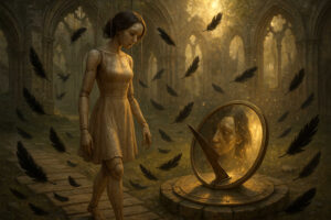 Eine hölzerne Puppenfrau hängt an Fäden in einer gotischen Ruine. Schwarze Federn schweben, vor ihr steht eine Sonnenuhr mit einem Spiegel, in dem ein melancholisches menschliches Gesicht erscheint.