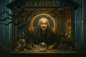 Eine alte Frau mit Heiligenschein sitzt in einer mystischen Hütte im Wald unter dem Schild „Optician“. Umgeben von seltsamen optischen Instrumenten und Glasobjekten wirkt sie wie eine Prophetin.