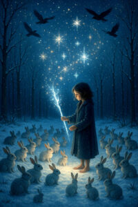 Ein kleines Mädchen in einem blauen Mantel steht barfuß im verschneiten Wald, umgeben von Kaninchen. Sie hält einen funkelnden Zauberstab, über ihr fliegen Raben und leuchten magische Sterne.