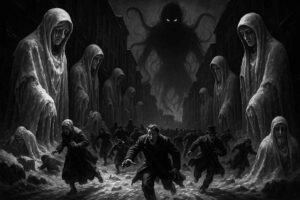 In einer finsteren Stadt fliehen Menschen panisch vor einer riesigen, schattenhaften Kreatur mit glühenden Augen. Riesige, reglose Gestalten in Kapuzengewändern säumen die Straße wie gefrorene Wächter.