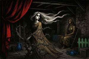 Eine geisterhafte Frau in goldenem Kleid mit wehenden Haaren durchquert einen Dachboden mit Dornenranken. Im Hintergrund sitzt eine andere Frau regungslos, neben ihr ein blauer Luftballonhund.