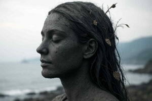 Eine Frau mit geschlossenen Augen, deren Gesicht und Haare mit dunkler Erde bedeckt sind, steht still vor einer nebligen Küstenlandschaft.