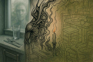 Die linke Bildhälfte zeigt ein Fenster mit einem Glas Wasser, Gabel und Messer, draußen ein Gesicht. Die rechte Hälfte verwandelt sich in eine flammende, ornamentale Skizze eines gedeckten Tisches.