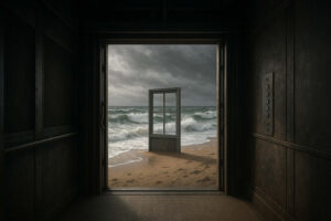 Eine geöffnete Fahrstuhltür führt direkt zu einem stürmischen Strand mit hohen Wellen. In der Mitte steht eine einzelne Tür im Sand, die ins Leere führt.