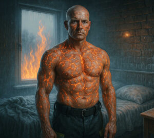Ein muskulöser Mann mit glutartigen Rissen in seiner Haut steht in einem düsteren Zimmer, im Hintergrund lodert ein Feuer hinter einem Fenster. Seine Erscheinung wirkt übernatürlich.