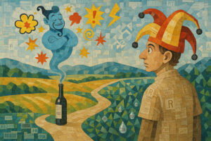 Ein Mann mit Narrenkappe steht auf einem Feldweg und blickt auf einen blauen Flaschengeist, der aus einer Weinflasche steigt. Der Himmel ist voller bunter Symbole, alles im Mosaikstil gestaltet.
