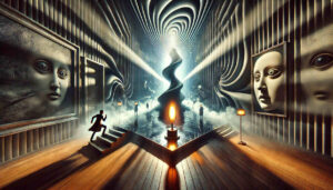 Surreale Szene in einem dunklen Raum mit verzerrten Wänden und übergroßen Gesichtern in Gemälden; eine Person flieht eine Treppe hinauf, während im Zentrum eine spiralförmige Skulptur vor hellem Licht steht, umgeben von nebliger Atmosphäre und stehenden Figuren.