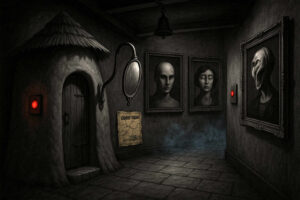 Ein düsterer Gang mit Portraits unheimlicher Gesichter an den Wänden, roten Knöpfen und einer kleinen Tür mit Strohdach. An der Wand hängt eine Karte mit dem Titel „Ghost Train“. Dampf zieht über den Boden.