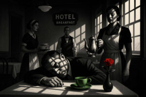 In einem düsteren Hotelrestaurant schläft ein Mann mit dem Kopf auf dem Tisch, während das Licht durch Gittermuster auf sein Gesicht fällt. Eine Kellnerin mit Kaffeekanne, ein Kellner und eine weitere Bedienung beobachten ihn. Auf dem Tisch stehen eine grüne Tasse und eine einzelne rote Rose.