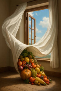 Ein offenes Fenster mit wehenden weißen Vorhängen, aus dem eine Flut verschiedenster Früchte in den Raum strömt. Die realistisch gemalte Szene wirkt wie eine magische Erntewelle.