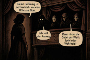 Eine dunkel gekleidete Frau steht vor einer Loge mit vier maskierten Gestalten. Die Szene ist düster und dramatisch, eine Figur sagt: „Deine Hoffnung ist zerbrechlich, wie eine Flöte aus Glas.“ Die Frau antwortet: „Ich will den Ausweg.“ Eine andere Stimme erwidert: „Dann nimm die Gabel der Wahl: Spiel oder Wahrheit?“
