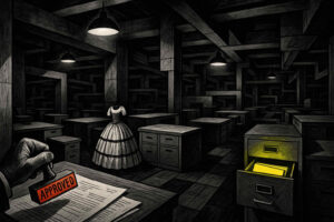 In einem endlosen, kafkaesken Büro-Labyrinth stempelt eine Hand ein Dokument mit „APPROVED“. Ein geöffnetes Aktenschrankfach leuchtet gelb. Im Hintergrund steht ein viktorianisches Kleid – kopflos, aber aufrecht.