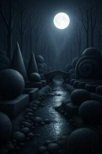 Ein symmetrisch angelegter Garten mit geometrisch geschnittenen Büschen und einem Fluss unter hellem Vollmond, umgeben von kahlen Bäumen in tiefer Nacht.