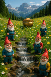 Fünf Gartenzwerge stehen um einen kleinen Wasserfall auf einer Blumenwiese mit Bergen im Hintergrund. In der Mitte steht ein großer Goldtopf. Die Szene ist farbenfroh und märchenhaft.