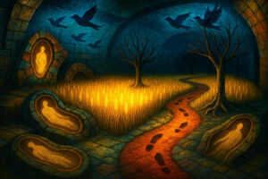 In einem unterirdischen Raum mit Bögen und Bäumen wachsen goldene Ähren. Fußspuren führen auf einem roten Weg vorbei an in Stein gebetteten Silhouetten menschlicher Figuren, während schwarze Vögel durch die Luft fliegen.