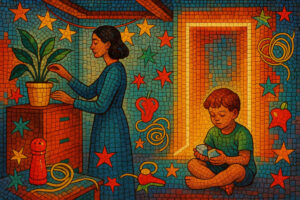 In einem stilisierten, mosaikartigen Bild voller bunter Sterne und Symbole gießt eine Frau eine Zimmerpflanze, während ein Kind mit Steinen in den Händen auf dem Boden sitzt. Die Szene wirkt freundlich und spielerisch, mit einer warmen Lichtquelle im Hintergrund.