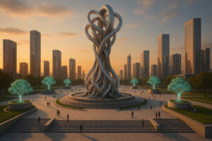 Gigantische ineinander verschlungene Metallskulptur auf einem futuristischen Stadtplatz, umgeben von hohen Wolkenkratzern und leuchtenden Bäumen im Sonnenuntergang.