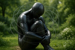 Eine schwarze, futuristische Figur sitzt zusammengekauert im Gras, umgeben von schwebenden Metallringen, inmitten eines grünen Parks.
