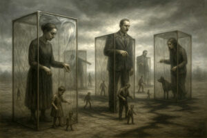 Mehrere Menschen stehen in durchsichtigen Käfigen und steuern mit Marionettenfäden kleinere Figuren. Auch diese Kinder oder Erwachsenen steuern wiederum kleinere Puppen, die alle wie ferngelenkt wirken. Die Szene ist in graubraunen Tönen gehalten und strahlt eine bedrückende Atmosphäre von Kontrolle und Fremdbestimmung aus.