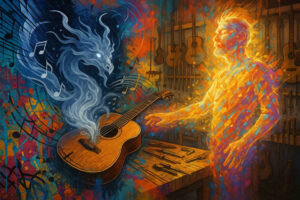 Ein flammender Mensch greift nach einer Gitarre, aus der ein musikalischer Geist in Form eines Drachen emporsteigt. Die Werkstatt ist gefüllt mit Gitarren. Farben und Musik verschmelzen visuell.