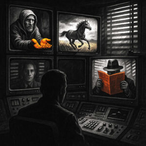 Eine Person überwacht mehrere Monitore. Auf den Bildschirmen erscheinen ein Bettler mit orangefarbenen Händen, ein galoppierendes Pferd, ein Mann mit Hut und Zeitung sowie zwei Porträts – alles in einem düsteren Kontrollraum.