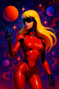 Blondhaarige Frau in rotem Sci-Fi-Anzug mit schwarzer Sonnenbrille in einer farbenfrohen Galaxie voller Planeten und Sterne, im Stil eines Retro-Comic-Covers.