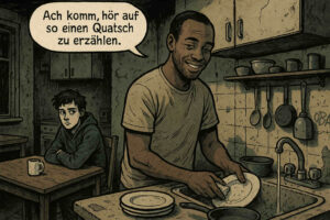 Ein Mann spült gut gelaunt Geschirr in einer heruntergekommenen Küche, während ein Jugendlicher mit skeptischem Blick am Tisch sitzt. Die Sprechblase des Spülenden sagt: „Ach komm, hör auf so einen Quatsch zu erzählen.“