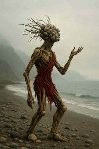 Fantastisches Wesen mit holzartigen Gliedmaßen, einem pilzähnlichen Kopf voller Knollen und roten Fetzen als Kleidung, schreitet an einem nebligen, steinigen Küstenstreifen entlang.