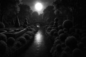 Ein kunstvoll geschnittener Garten mit labyrinthartigen Hecken und kugelrunden Büschen entlang eines Flusses, alles im dämmrigen Licht des Vollmonds.