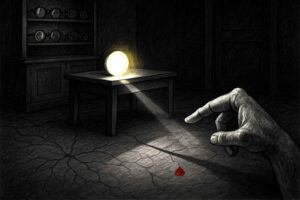Eine düstere Szene mit einem leuchtenden Spiegel auf einem Tisch, der einen Lichtstrahl auf eine riesige Hand am Boden wirft. Ein einzelner Blutstropfen fällt in den Lichtkegel. Im Hintergrund ein Schrank mit Brillen.