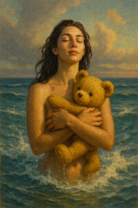 Eine Frau steht mit geschlossenen Augen im Meer und umklammert einen Teddybär. Die Szene verbindet realistisches Malen mit surrealer Symbolik von Geborgenheit und Erinnerung.