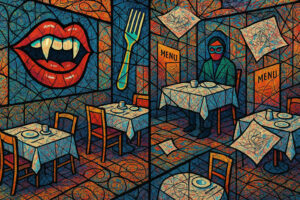 Eine surreale Restaurantszene im Stil eines bunten Mosaiks: Ein Vampirgebiss, eine riesige Gabel, eine maskierte Person und chaotisch verteilte Speisekarten erzeugen eine absurde Atmosphäre.