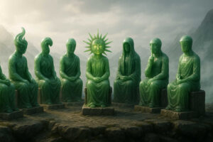 Acht jadegrüne Skulpturen in menschlicher Gestalt sitzen im Kreis auf einem Plateau, eine davon mit strahlenartiger Krone, während Nebel durch die Berge zieht.