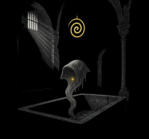 In einer düsteren, gotischen Halle schwebt ein geisterhaftes Wesen mit Kapuze über einem offenen Grab. Darüber hängt ein leuchtendes Spiralsymbol, Licht fällt durch ein vergittertes Fenster.