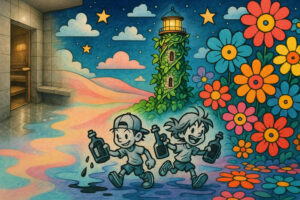 Zwei fröhliche Kinder mit Flaschen rennen durch eine bunte Fantasiewelt voller Blumen, Sterne und einem mit Pflanzen bewachsenen Leuchtturm, während der Boden aus einer realistischen Sauna in die surrealen Farben übergeht.