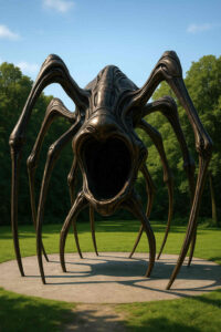 Monumentale Skulptur einer schwarzen, spinnenartigen Kreatur mit riesigem, aufgerissenem Maul, auf einer kreisrunden Plattform in einem Park mit grünem Rasen und Bäumen im Hintergrund.