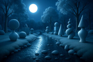 Ein Fluss fließt durch eine nächtliche Parklandschaft mit bizarr geformten Heckenfiguren, beleuchtet vom hellen Mondlicht.