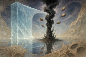 Eine surreal-abstrakte Szene mit einem riesigen, durchsichtigen Wasserfall, der über eine spiegelnde, wurzelartige Fläche stürzt. Daneben steigt eine schwarze Rauchsäule empor, aus der Blätter herauswirbeln – im Hintergrund organisch durchbrochene Wände.