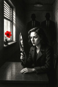 Eine Frau sitzt an einem Tisch und hält ein Messer, in dessen Klinge sich ihr Gesicht spiegelt. Im Hintergrund stehen zwei Männer im Dunklen wie Silhouetten. Auf der Fensterbank steht eine leuchtend rote Blume, die einzige farbige Komponente in einem sonst schwarz-weißen Bild.