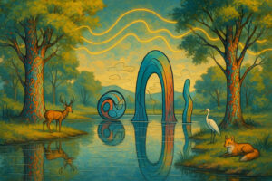 Ein idyllischer, farbenfroher Waldsee mit seltsamen skulpturalen Gebilden im Wasser. Tiere wie Hirsch, Fuchs, Reiher und Eule stehen friedlich am Ufer, während goldene Linien durch den Himmel fließen.