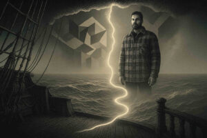 Ein Seemann auf einem Schiff steht einem übergroßen Mann gegenüber, der sich hinter einem Blitz und geometrischen Würfelformen erhebt – ein surrealer Ozean, eingefangen im Moment der Teilung.