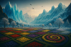 Dämmerungsstimmung über symmetrischen Blumenfeldern, umgeben von schroffen Eisbergen und Bäumen mit weißen Blättern im winterlichen Zwielicht.