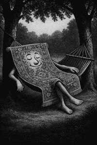 Ein lebendig gewordener Perserteppich liegt als Figur mit Armen, Beinen und Gesicht entspannt in einer Hängematte zwischen zwei Bäumen. Die schwarz-weiße Zeichnung ist humorvoll und detailreich.