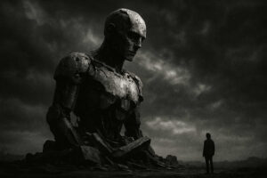 Eine monumentale, beschädigte Roboterstatue liegt halb versunken in einer düsteren, postapokalyptischen Landschaft, während ein kleiner Mensch davor steht und hinaufschaut.