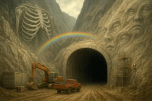 Eine Baustelle vor einem dunklen Tunnel in einem Gebirge. In den Felsen sind riesige Skelette und Gesichter eingemeißelt. Ein Regenbogen spannt sich darüber, während ein Bagger und ein roter Pickup im Vordergrund stehen.
