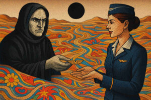 Eine Flugbegleiterin empfängt ein goldenes Emblem von einer finsteren Mönchsfigur. Sie stehen inmitten eines surrealen, bunt gemusterten Wüstenlands unter einer schwarzen Sonne. Die Mosaikstruktur verleiht der Szene einen ikonischen Stil.