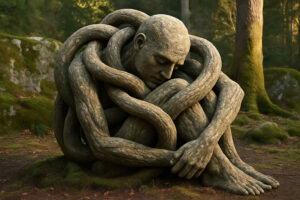 Eine steinerne menschliche Figur sitzt mit gesenktem Kopf, vollständig umschlungen von dicken Wurzeln oder Tentakeln, in einem moosbewachsenen Wald.