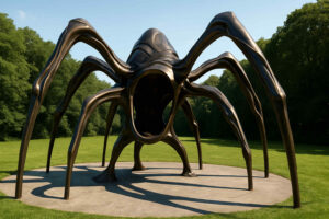 Eine gigantische bronzene Spinnen-Skulptur mit leerem, hohlem Inneren steht auf einer Plattform inmitten eines grünen Parks.