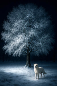 Ein weißer Hund steht wachsam vor einem vereisten Baum in einer verschneiten Landschaft bei Nacht. Der Baum ist hell erleuchtet, während der Hintergrund dunkel bleibt.